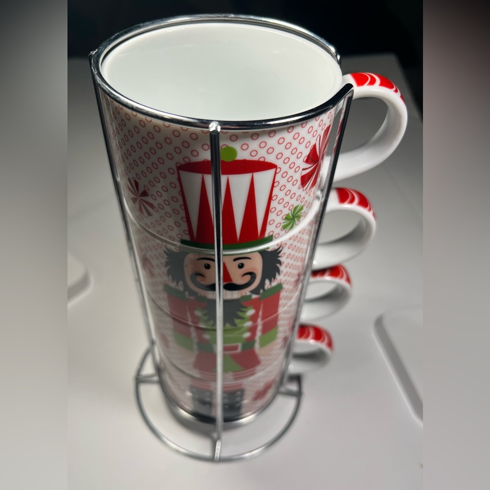 Pier 1  Stacking Nutcracker Mug Set 8 Oz Coffee Tea With Chrome Holder Stand